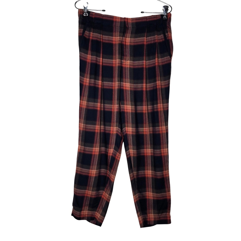 Cartonnier Anthropologie Plaid Ankle Zip Trousers Red Navy Size 2 Tapered Pants - Picture 2 of 16